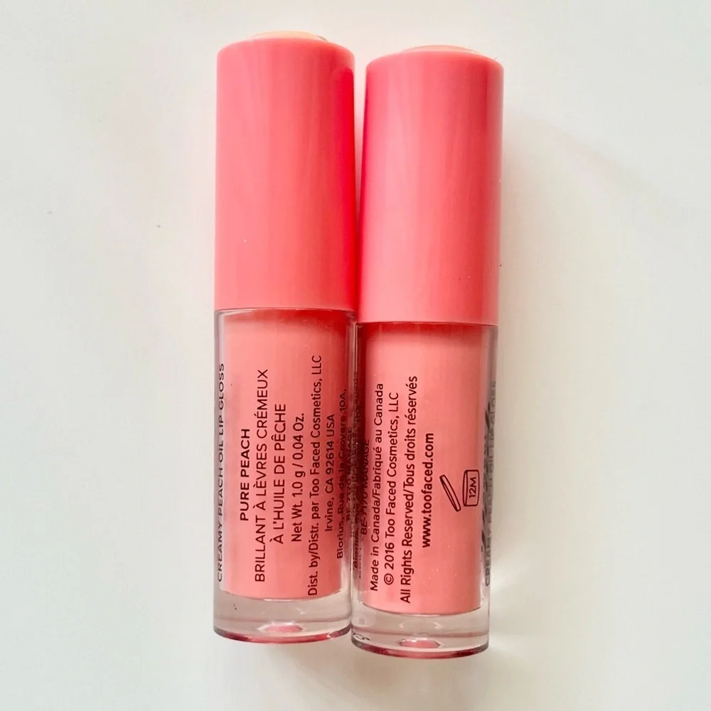 NEW Too Faced Sweet Peach Creamy Peach Oil Lip Gloss Pure Peach Mini Set Of 2